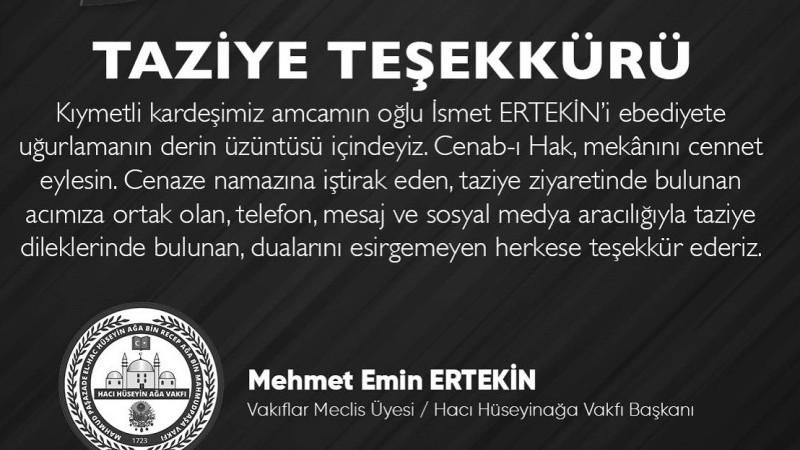 Mehmet Emin Ertekin’den Taziye Teşekkürü